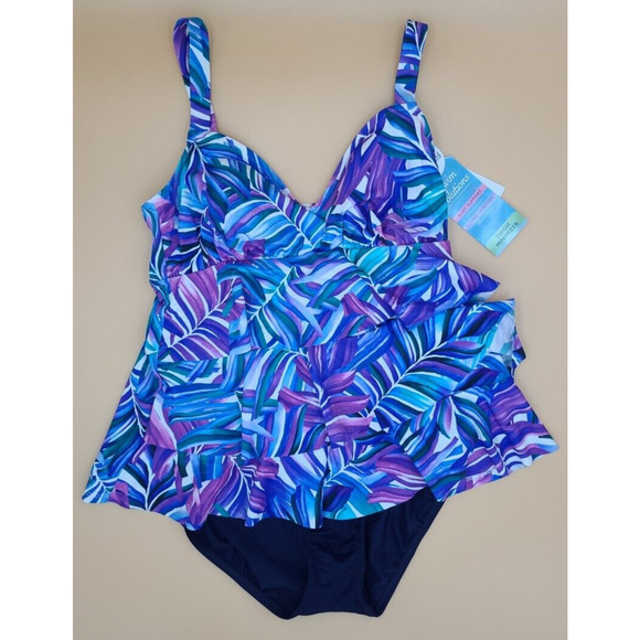 Swim Solutions Tummy Control Fauxkini One-Piece Swimsuit Dancing Palm Sz 8 NWT - Picture 2 of 3